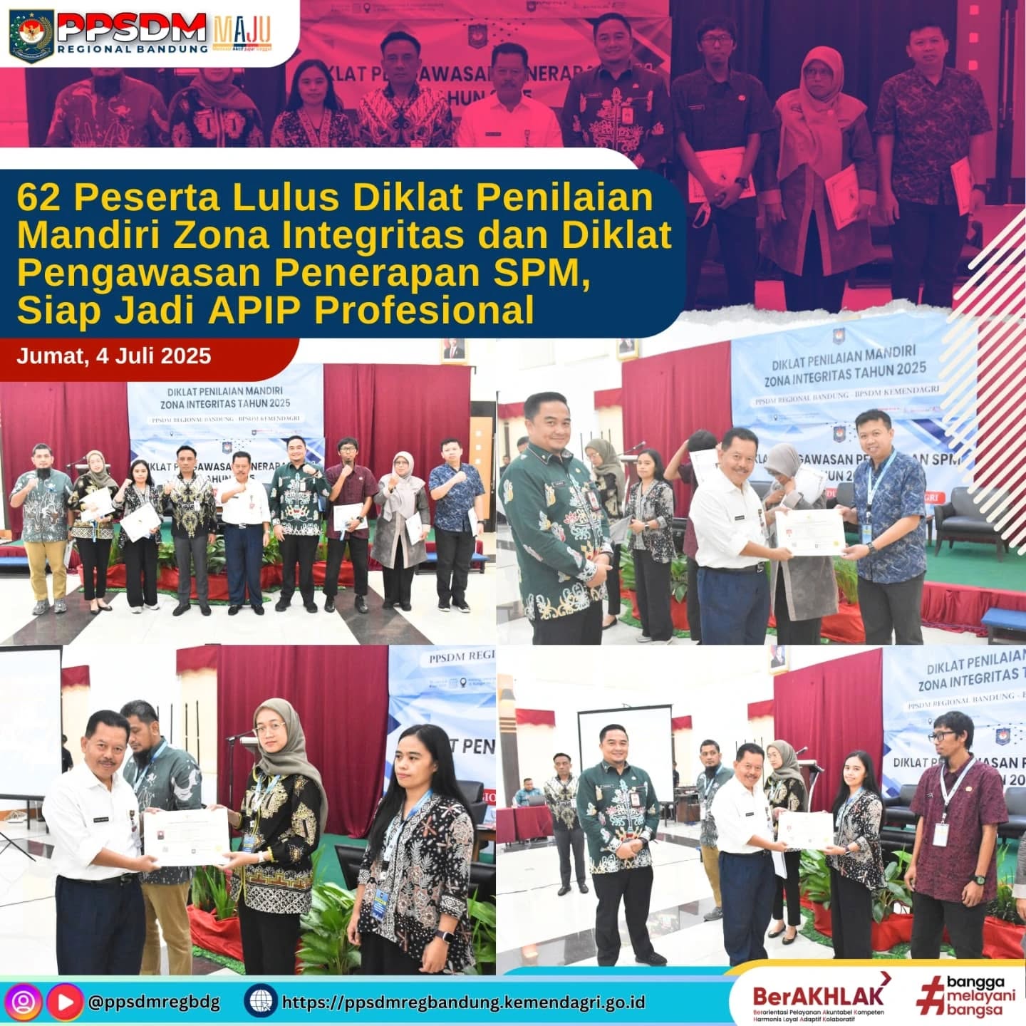 62 Peserta Lulus Diklat Penilaian Mandiri Zona Integritas dan Diklat Pengawasan Penerapan SPM, Siap Jadi APIP Profesional