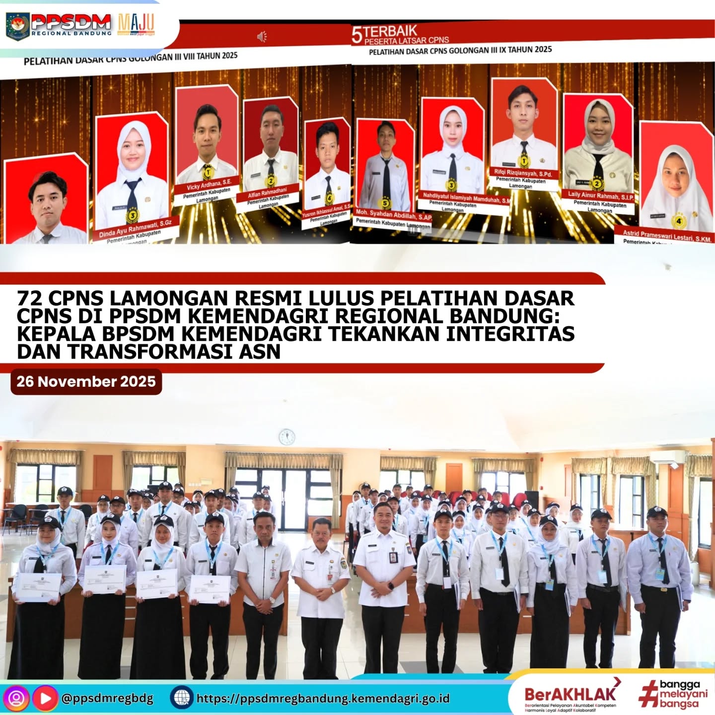 72 CPNS Lamongan Resmi Lulus Pelatihan Dasar CPNS di PPSDM Kemendagri Regional Bandung: Kepala BPSDM Kemendagri Tekankan Integritas dan Transformasi ASN